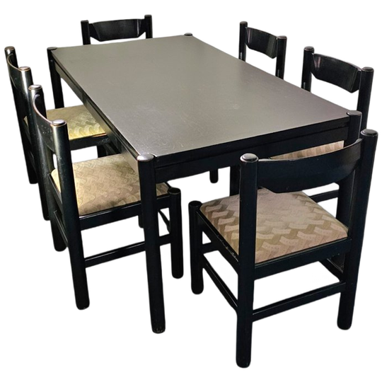 Rare Dining Set / Vico Magistretti / Italy / 1970s / Solid Black Painted Wood / 6 X Chair / Match 1