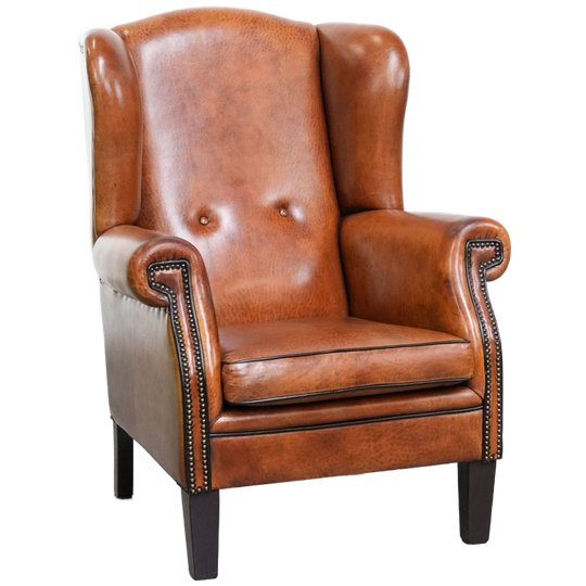 Grote En Luxe Oorfauteuil Gemaakt Van Schapenleer Met Zwarte Biezen En Siernagels 1