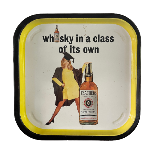 Schotse Whisky Teacher’S Dienblad, Merchandise Item Jaren 70. Metaal Vierkant Blad Met Afgestudee