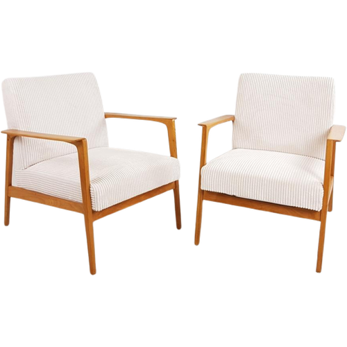 2 Vintage Fauteuils Crème Japandi Stijl Ribstof Off White