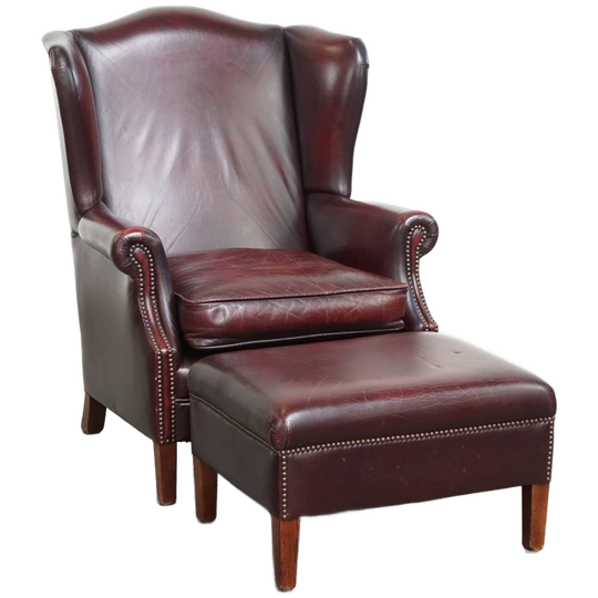 Geweldige Comfortabele Bordeauxrode Rundleren Oorfauteuil + Hocker In Engelse Stijl 1