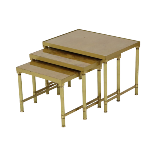Design Set Van 3 Nesttafels Messing Koper Glas Goud Stijl Maison Jansen 1