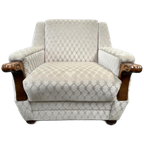 Vintage Fauteuil Met Houten Details, Velour - Ruitjespatroon thumbnail 1