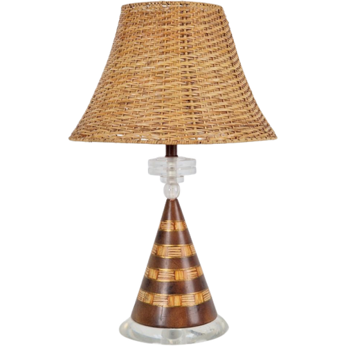 Vintage Conische Tafellamp Plexiglas Keramiek Rotan Regency