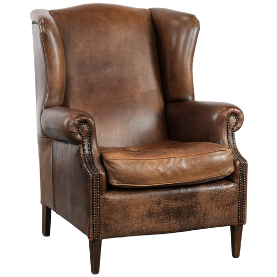 Gezellige En Comfortabele Vintage Schapenleren Oorfauteuil Met Karakter 1
