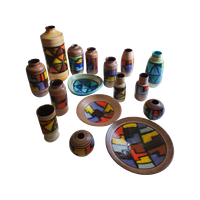 Mid-century Pattern Vetrata Vases And Bowls By Aldo Londi For Bitossi Italy. Black, Blue, Orange
