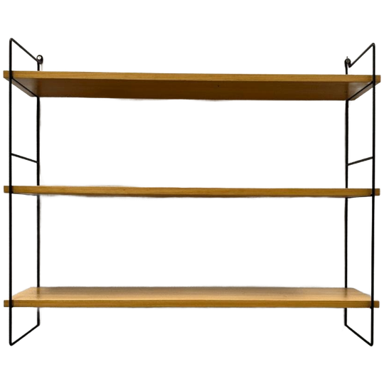 Vintage Wandrek Zwart Draadstaal, 3x Houten Plank 1