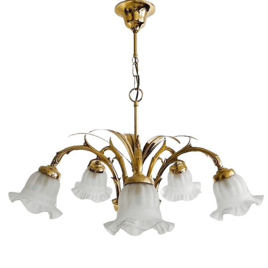 Vintage Mid-century Zesarmige Messing Kroonluchter Palmbladeren Hollywood Regency 1970’s 1