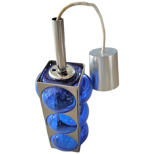 Blue Glass / Chrome Hanging Light / 1980s / Temde Swiss 1