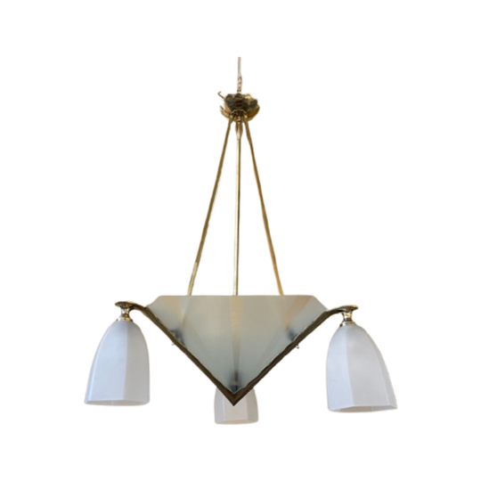 Plafondlamp Lamp 3 Arms Art Deco Jaren 30 Matglas Frans 1