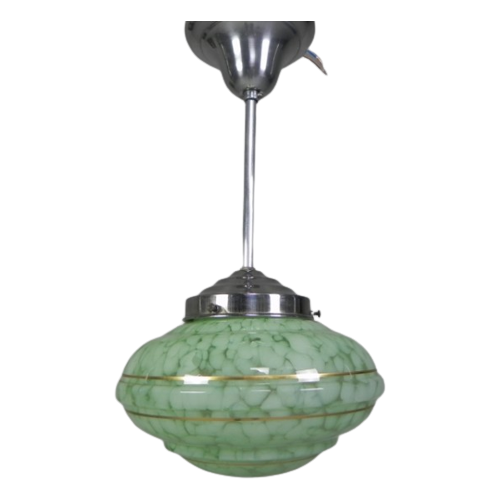 Art Deco Hanglamp Met Groene Gewolkte Glazen Kap, Jaren 30