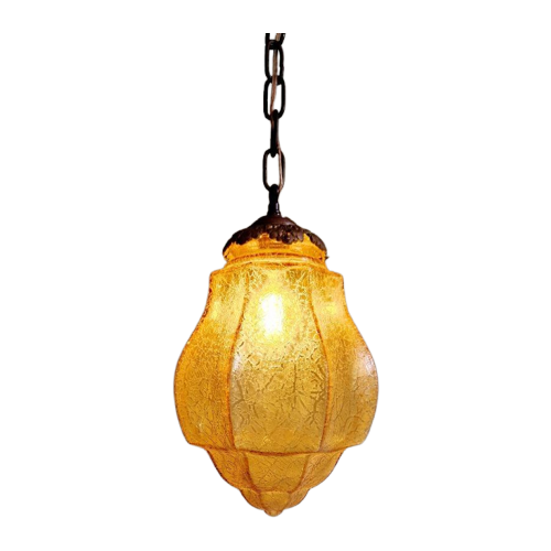 Art Deco Hanglamp In Amberkleurig Gebarsten Glas, 1920-30S