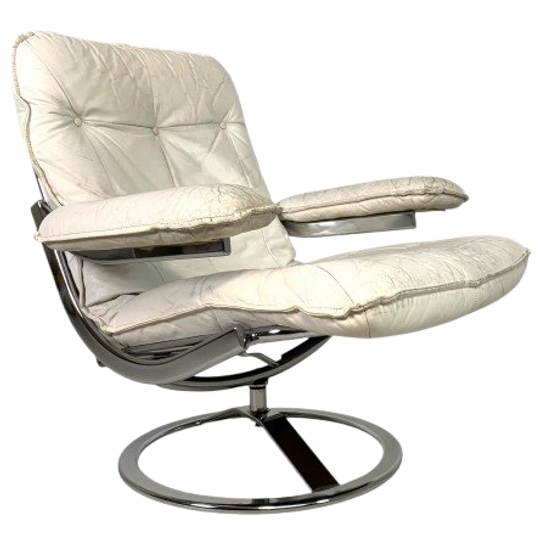Leolux Fauteuil, Draaistoel Met Wit Lederen Bekleding, Jaren 60 1