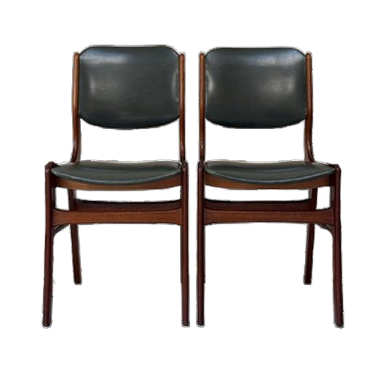 Vier Vintage Houten Eetkamerstoelen Met Groen Skai Leren Rug En Zitting 1