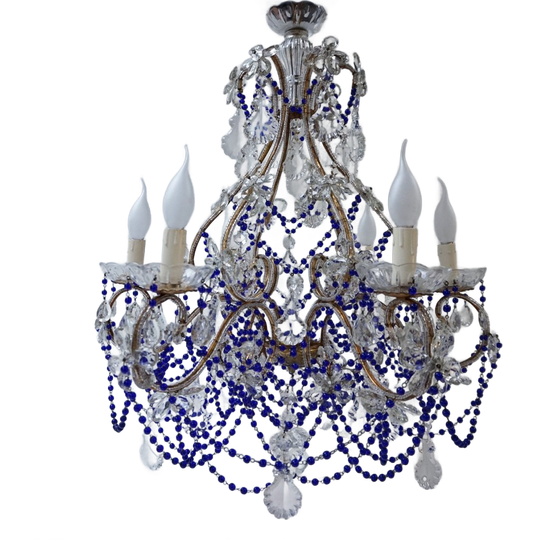 Vintage Kobalt Blauwe Murano - Glas En Kristal - Kroonluchter Met Kralen 1