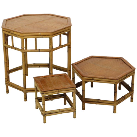 Vintage Set Van 3 Bamboe En Rotan Bijzettafels Plantentafels Boho 1