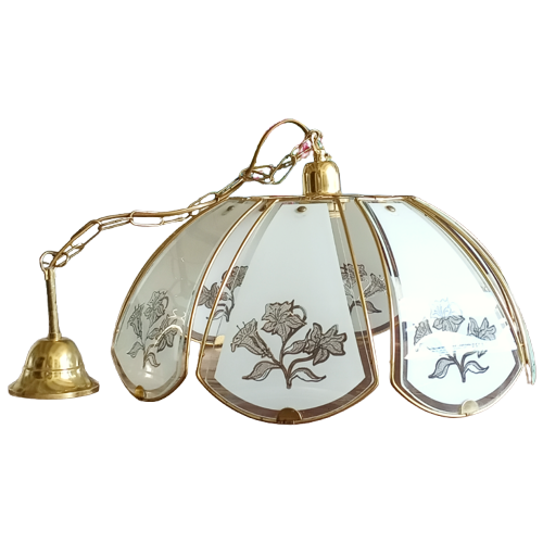 Glamoureuze  Hollywood Regency Hanglamp Met Messing En Glazen Bloemenkap – Jaren '80 Eyecatcher