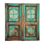 Antiek Wandpaneel / Oude Houten Deur In Turquoise Blauw Met Goud Patronen. thumbnail 1