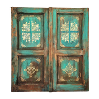 Antiek Wandpaneel / Oude Houten Deur In Turquoise Blauw Met Goud Patronen.