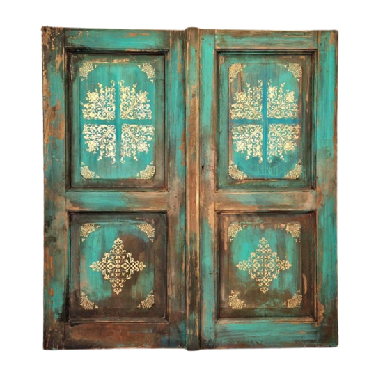 Antiek Wandpaneel / Oude Houten Deur In Turquoise Blauw Met Goud Patronen. 1