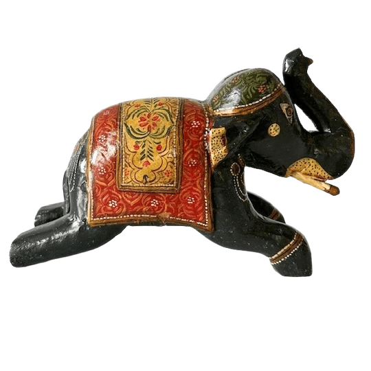 Vintage Handgesneden Decoratieve Houten Olifant Rajasthani-stijl Handgeschilderd 1960’s 1