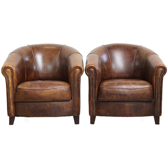 Charmante En Unieke Set Van 2 Schapenleren Clubfauteuils Met Een Comfortabele Zit 1