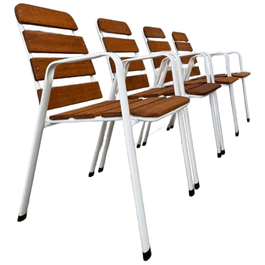 4x Vintage Tuinstoel, Wit Metalen Frame - Houten Latten 1