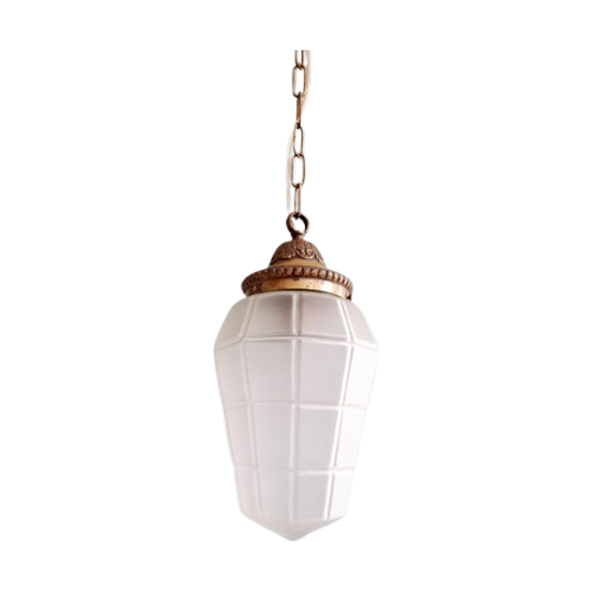 Art Deco Hanglamp In Gefacetteerd Gesatineerd Glas, Jaren 20 1