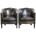 Unieke Set Van 2 Subtiele Zwart/ Grijze Schapenleren Clubfauteuils Met Een Mooi Patina thumbnail 1