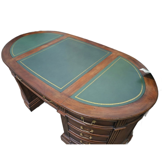 Klassieke Ovale Partnerdesk, Dubbelzijdig Bureau, Schrijftafel, Desk Met Lederen Inleg, In Nieuwstaat Afm. 174x96cm En 97cm Hoog. 1