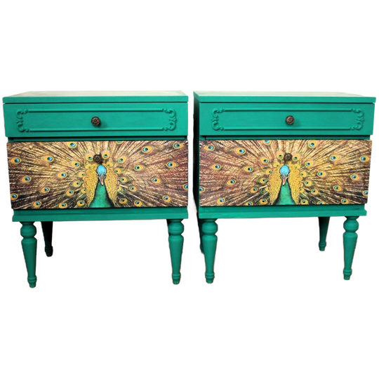 2 Groene Nachtkastjes "pauw" - Vintage 1