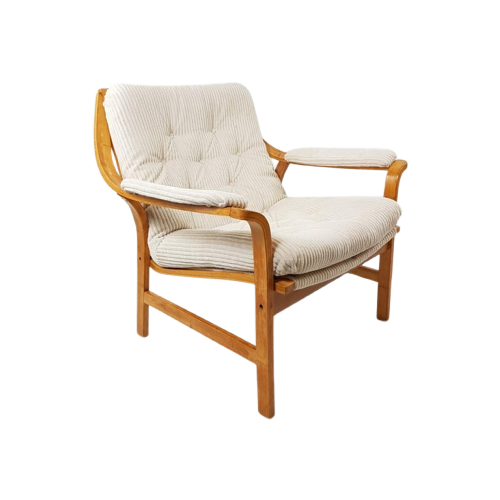 Vintage Fauteuil Rotan Achterkant Off White Rib Stof Nieuw