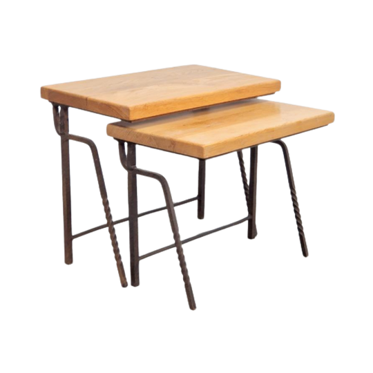 2 Brutalist Bijzettafel Nesting Tables Mimiset Eiken Metaal 1