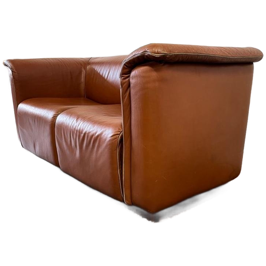 Vintage Cognackleurige Lederen Tweezit / Zetel / Canapé 1