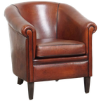Mooie Tijdloze Schapenleren Clubfauteuil In Een Warme Diepe Kleur En Afgewerkt Met Zwarte Biezen thumbnail 1
