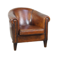 Cognac-Kleurige En Comfortabele Vintage Schapenleren Clubfauteuil Met Een Royale Zit