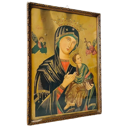 Vintage Byzantijns Icoon Schilderij S. Maria De Perpetuo Succursu 1900’s 1