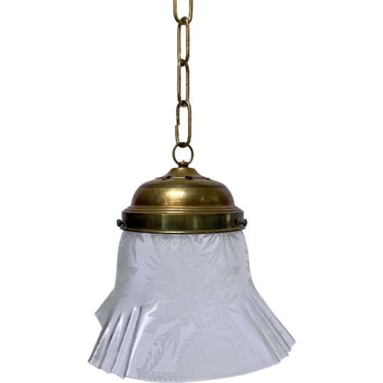 Antieke Hanglamp Met Matglas En Messing Ketting En Plafondplaat - Reliving 1