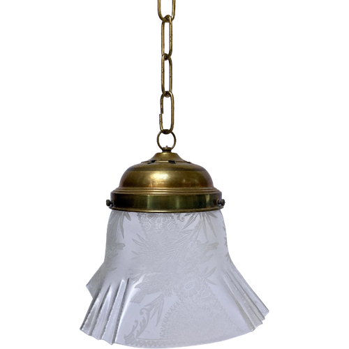 Antieke Hanglamp Met Matglas En Messing Ketting En Plafondplaat - Reliving