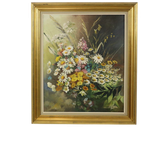 Bloemen Boeket Stilleven Schilderij Olie Op Doek Ingelijst Gesigneerd thumbnail 1