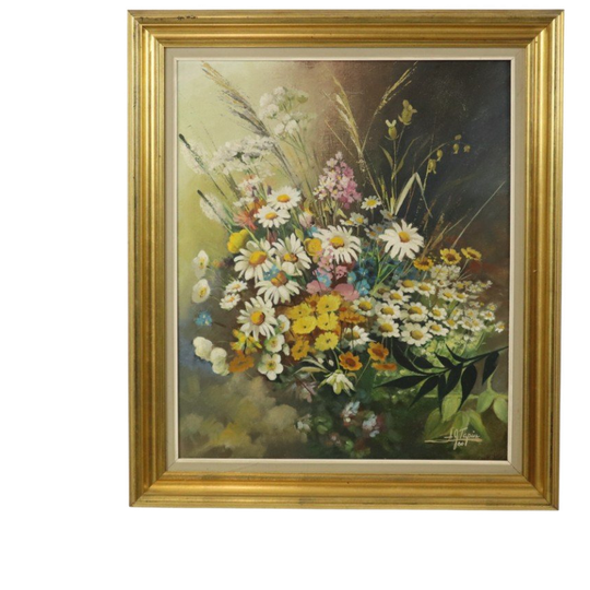 Bloemen Boeket Stilleven Schilderij Olie Op Doek Ingelijst Gesigneerd 1