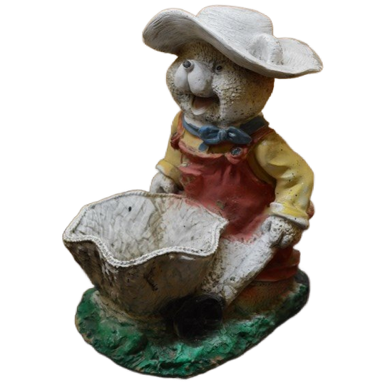 Vintage Polyester Tuinbeeld Van Een Beer Met Kruiwagen Als Plantenbak 1