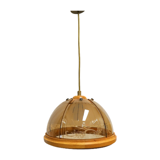 Vintage Hanglamp Met Teak Hout En Glas, Jaren '60/'70 1