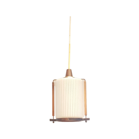 Vintage Small Pendant, Striped Milk Glass, Brass And Teak, Mid Century Art Deco Style, 1950s Made 1