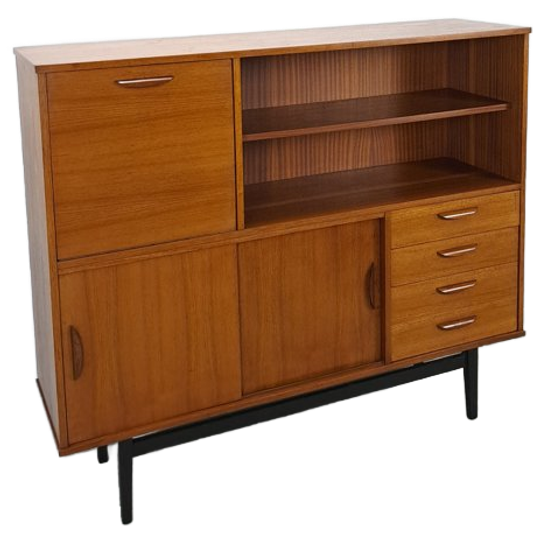Teak Wandkast Met Lades, Bar En Zwarte Poten 1