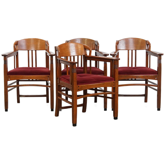 Set Van 4 Art Nouveau/ Jugendstil Design Schuitema Eetkamerstoelen Met Rode Stoffen Bekleding 1