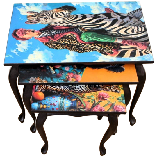 3 Eclectische Tafeltjes, Zwart Metallic, Panter, Chimpansee 1