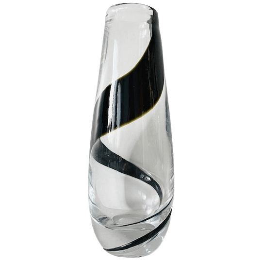 Vintage Lsa International Handgeblazen Glazen Vaas Helder En Zwart Spiraal Jazz 1980’s 1