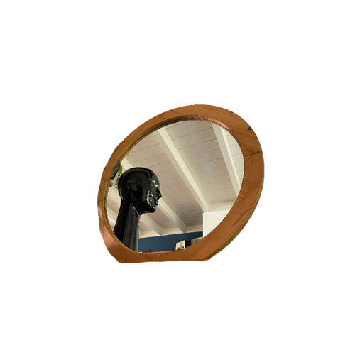 Ronde Spiegel In Houten Frame / Lijst , Rond Massief Hout , Vintage Cirkel Spiegel