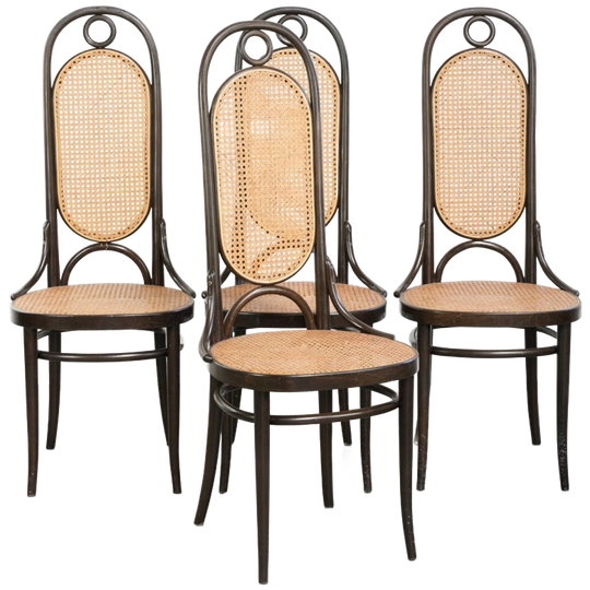 Set Van 4 Originele Vintage Thonet Design Webbing Stoelen Model Long John Met Een Hoge Rug En Sierlijk Frame 1